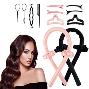 Heatless Hair Curler – Heatless curls – 2 Set heatless Curling Rod Headband – Satins Heatless Hair Curler To Sleep In (Black and Pink)