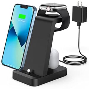 Charger Station for iPhone Multiple Devices – 3 in 1 Fast Wireless Charging Dock Stand for Apple Watch Series 7 6 SE 5 4 3 2 & Airpods iPhone 14 13 12 11 Pro X Max XS XR 8 7 Plus 6s 6 with Adapter