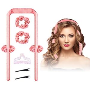 Heatless-Hair-Curler, Upgraded Segmented Design No Heat Silk Curls Headband for More Comfortable Sleep Overnight, Silk Curling Ribbon for Hair with Rubber Bands and Clips (Pink)