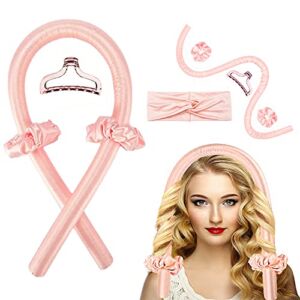 Heatless Curling Rod Headband – AiqooYo Heatless Hair Curler for Long Hair No Heat Curls Ribbon Curlers Headband Soft Hair Rollers for Women Girls DIY Tools with Two Scrunches and Claw (Pink）