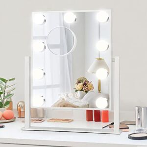 Lighted Vanity Makeup Mirror with Lights – Fabuday Hollywood Cosmetic Mirror with 9 Dimmable LED Bulbs for Dressing Room Tabletop, 3 Color Lighting, Detachable 10X Magnification Mirror, White