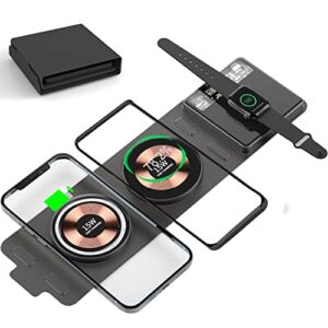[Dual 15W] Foldable Fast Wireless Charger, 3 in 1 Travel Magnetic Wireless Charger, Wireless Charging Pad Compatible with Mag-Safe Charger for iPhone 14/13/12, Samsung Galaxy, Apple Watch, AirPods Pro