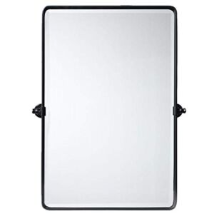TEHOME 27 x 35 inch Farmhouse Large Black Metal Framed Pivot Rectangle Bathroom Mirror Rounded Rectangluar Tilting Beveled Vanity Mirrors for Wall
