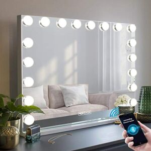 MISAVANITY Hollywood Vanity Mirror with Lights and Bluetooth Speaker, Hollywood Lighted Makeup Mirror with 18pcs Dimmable Bulbs, USB Charging and 3 Color Lighting Modes for Dressing Room & Bedroom