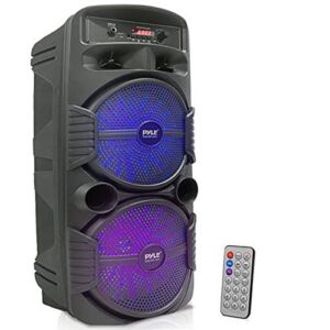 Pyle Portable Bluetooth PA Speaker System – 600W Rechargeable Outdoor Bluetooth Speaker Portable PA System w/ Dual 8” Subwoofer 1” Tweeter, Microphone In, Party Lights, USB, Radio, Remote – PPHP2835B