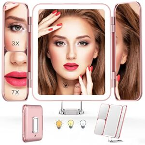 TOKSO Lighted Makeup Mirror Vanity Mirror, Rechargeable 72 LED Lights, 1X 3X 10X Magnification, Travel Lighted Makeup Mirror, Touch Control, Trifold Makeup Mirror, Portable LED Makeup Mirror, Gift