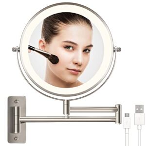 Rechargeable Wall Mounted Lighted Makeup Vanity Mirror, 8 inch 1X/10X Magnifying Mirror with 3 Color Lights, 17 Inch Extendable Bathroom Mirror Nickel, Dimmable 360° Swivel Shaving Light up Mirror
