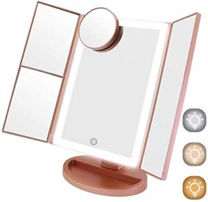 COSMIRROR Makeup Vanity Mirror with Lights, 3 Color Lighting 72 LED Trifold Lighted Makeup Mirror, 1X/2X/3X/10X Magnification and Touch Screen, High Definition Light Up Mirror (Rose Gold)