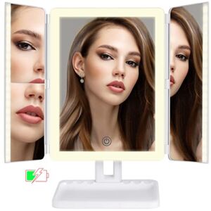 176 LED Rechargeable Makeup Mirror Lighted Magnifying, Super Bright Trifold Vanity Mirror with Lights, 2X/3X Magnification Make up Mirror with Lighting, 3 Color Lights Cordless Cometic Mirror White