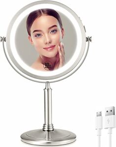 VESAUR 8” Lighted Makeup Mirror, 1X/10X Magnifying Vanity Mirror with 3 Colors 50 Dimmable LED Lights, Detachable Travel Cosmetic Mirror, Touch Control, Senior Pearl Nickel 360° Rotation