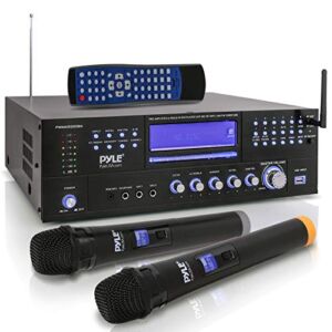 4-Channel Karaoke Home Wireless Microphone Amplifier – Audio Stereo Receiver System, Built-in CD DVD Player, Dual UHF Wireless Mic/MP3/USB Reader, AM/FM Radio – Pyle PWMA5000BA