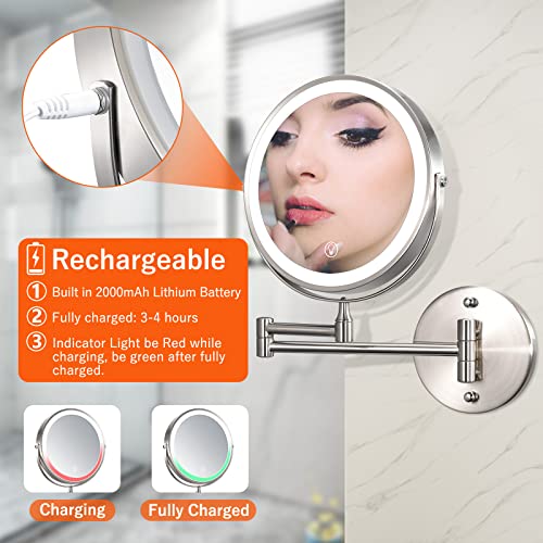 Wall Mounted Lighted Makeup Mirror 8 Inch 1X 10X Magnification with 3 Color LED Lights, Rechargeable Dimmable Magnifying Vanity Mirror, Extendable Arm 360° Swivel Bathroom Mirror, Brushed Nickel | The Storepaperoomates Retail Market - Fast Affordable Shopping