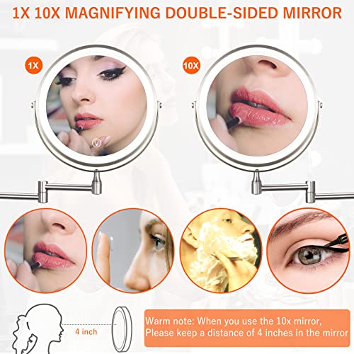 Wall Mounted Lighted Makeup Mirror 8 Inch 1X 10X Magnification with 3 Color LED Lights, Rechargeable Dimmable Magnifying Vanity Mirror, Extendable Arm 360° Swivel Bathroom Mirror, Brushed Nickel | The Storepaperoomates Retail Market - Fast Affordable Shopping