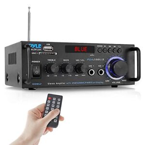 Wireless Bluetooth Stereo Power Amplifier – 200W Dual Channel Sound Audio Stereo Receiver System w/ RCA, USB, SD, MIC IN, FM Radio, For Home Theater Entertainment via RCA, Studio Use – Pyle PDA29BU