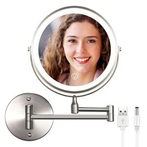 Rechargeable Lighted Wall Mounted Makeup Mirror 8 Inch 1X 10X Magnifying Double Sided Mirror, Touch Dimmable 3 Color LED Lights Vanity Mirror, Extendable 360° Swivel Bathroom Mirror, Brushed Nickel