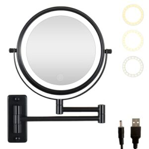 Vanity Mirror with Lights, 8 in Hd 1x /10x Magnifying Mirror with Double Sided, Wall Mount Makeup Mirror with LED 3 Color Lights, Dimmable Touch Screen, Bathroom Lighted Cosmetic Mirror