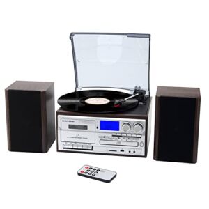 MUSITREND 10 in 1 Record Player with External Speakers,3 Speed Bluetooth Turntable Vinyl Player with CD/Cassette Play,AM/FM Radio, USB/SD Encoding,Aux-in/RCA Line Out