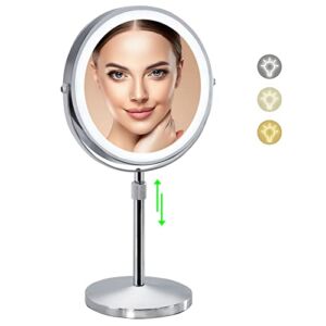Lighted Makeup Mirror with 3 Color Lights, Height Adjustable,10x Rechargeable Magnifying Mirror with Light,Light Up Mirror with Magnification,Led Cosmetic Vanity Mirror with Touch Control (Silver)