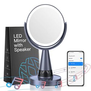 CHICLEW Lighted Makeup Mirror with Bluetooth Speaker, LED Vanity Magnifying Mirror with Lights, Adjustable Brightness, Double Sided Rechargeable Light Up Desk Mirror 360° Rotation