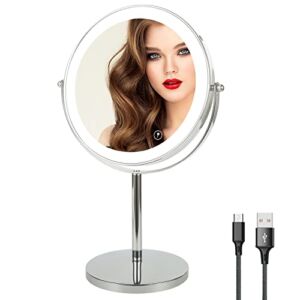 8″ Lighted Makeup Mirror with Magnification, 1X/10X Magnifying Mirror with Light, Double Sided 360° Cordless Rechargeable, 3 Colors Brightness Adjustable Makeup Mirror with Lights with 52 LED(Silver)
