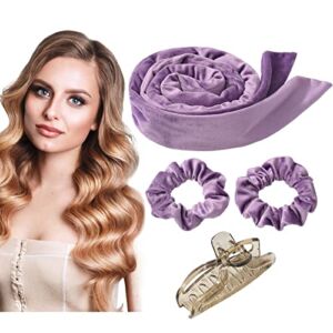 Heatless Hair Curler No Heat Curling Rod Headband Set for Long Hair Velour Curling Ribbon with Hair Clips Soft Sleep Overnight Curlers for Women Girls Purple