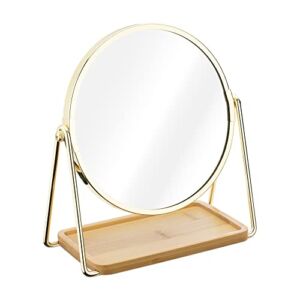 Navaris Vanity Mirror with Tray – Double-Sided Table Top Makeup Mirror with 1x/2x Magnification and Bamboo Base – For Bathroom, Bedroom, Desk – Gold