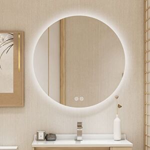 BuLife 24 Inch Round LED Bathroom Mirror Backlit Anti-Fog 3 Colors Light Dimmable Wall Mounted Lighted Bathroom Vanity Mirror Smart Makeup Mirror with Touch Switch