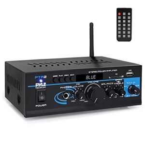 Pyle Home Audio Power Amplifier System – 2X40W Bluetooth Mini Dual Channel Mixer Sound Stereo Receiver Box w/ AUX, Mic Input – For Amplified Speakers, PA, CD Player, Theater via RCA, Studio Use – PTA2