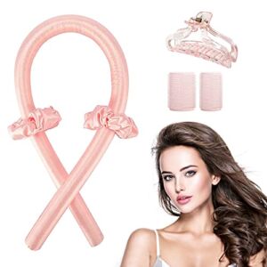 Heat-less Curling Rod Headband, Women Heat-less Curls, Soft Wave Foam Hair Rollers, Flexible Rods for Natural Long Hair, Sleeping Curls Silk Ribbon Hair Rollers, Easy to use（Pink）