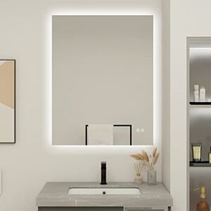 BuLife 28 X 20 Inch LED Backlit Vanity Mirror Anti-Fog Wall Mounted Lighted Smart Makeup Mirror with Touch Switch 3 Colors Light Dimmable (Horizontal/Vertical)