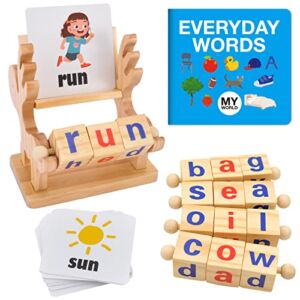 Montessori Toys for 3 4 5 Years Old Wooden Reading Blocks CVC Sight Words Game for Toddlers Letter Flash Cards for Kindergarten Kids Learning Educational Alphabet Phonics for Preschool Girls Boys