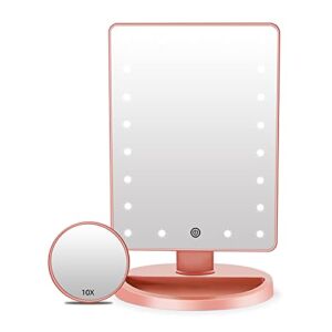 Lighted Vanity Makeup Mirror with 21 LED lights and 10X Magnification Mirror，Cosmetic Beauty Mirror with Double Power Supply,Touch Sensor Screen Light Up Mirror for Makeup 180° Rotation (Rose Gold)