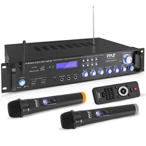 Bluetooth Home Audio Power Amplifier -4 Ch. 3000W, Stereo Receiver w/ Speaker Selector, FM Radio, USB, Headphone, 2 Wireless Mics for Karaoke, Great for Home Entertainment System – Pyle PWMA3003BT.NEW