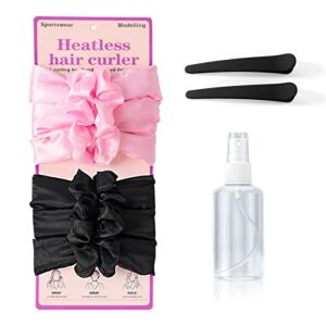 PASNOWFU 2 PCS Heatless Curling Headband, Soft Stain Heatless Hair Curler, Upgraded Heatless Hair Curler Headband With Hair Clips and Scrunchie For Long Medium Hair Curling (Black&Pink)