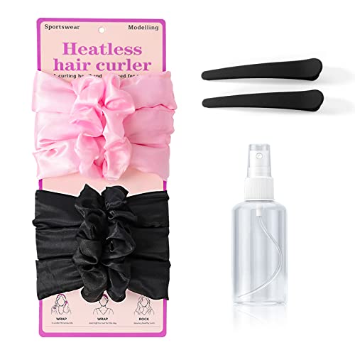PASNOWFU 2 PCS Heatless Curling Headband, Soft Stain Heatless Hair Curler, Upgraded Heatless Hair Curler Headband With Hair Clips and Scrunchie For Long Medium Hair Curling (Black&Pink) | The Storepaperoomates Retail Market - Fast Affordable Shopping