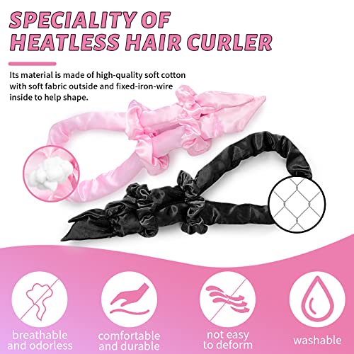 PASNOWFU 2 PCS Heatless Curling Headband, Soft Stain Heatless Hair Curler, Upgraded Heatless Hair Curler Headband With Hair Clips and Scrunchie For Long Medium Hair Curling (Black&Pink) | The Storepaperoomates Retail Market - Fast Affordable Shopping