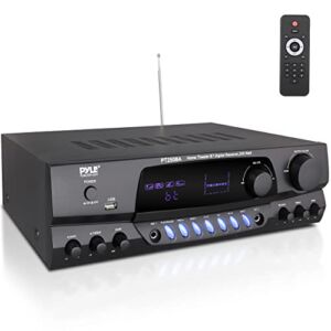 Pyle Wireless Bluetooth Power Amplifier System, 200 Watt Max, Home Theater Audio Stereo Receiver Box with FM/USB, Mic in, RCA Inputs, Echo & 2-Band EQ Control, Digital Display Screen – PT250BA