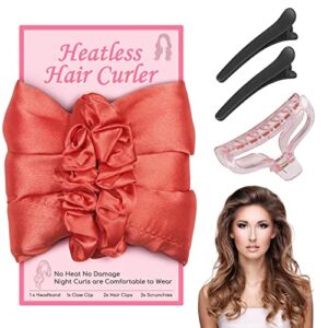 Hair Rollers Heatless Curling Rod Headband, Heatless Hair Curler for Sleeping, Overnight Hair Curlers, Curl Ribbon Rod Wave Satin Curling Set DIY with Claw Clip, Hair Clips for Women (Red)