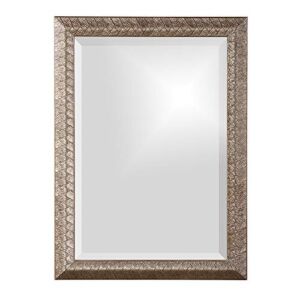 Howard Elliott Malia Hanging Large Rectangular Wall Mirror, Etched Wood Frame, Home Décor Framed Vanity Mirrors for Living Room, Entryway, or Any Room, Silver Leaf, 20 x 28 Inch