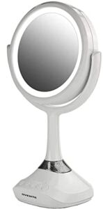 Ovente Lighted Vanity Mirror, Table Top, 360 Degree Spinning 6” Double Sided Circle LED 1X 5X Magnifier with MP3 Audio, Built-in Wireless Speaker, Rechargeable, USB Operated, White MRT06W1X5X