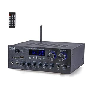 Pyle Bluetooth Home Audio Amplifier Receiver Stereo 300W Dual Channel Sound Audio System w/MP3, USB, SD, AUX, RCA, MIC, Headphone, FM, LED, Reverb Delay, for Home Theater Speakers, Studio – PDA69BU