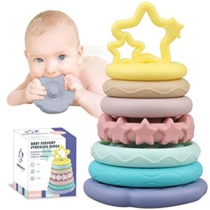 Baby Soft Sensory Stacking Rings – Montessori Educational Developmental Toy Learning Activities Blocks for Toddlers 1-3 – Infant Teething Toys Gifts for Boys Girls 6 7 8 9 10 12 18 Month One Year Old