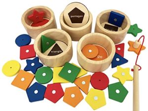 Dailyfunn Montessori Toy Wooden Sorting Cup&Fishing Game 2-in-1 Colors Shapes Sorting Matching Learning Toys for Toddlers 1-3 Year Old