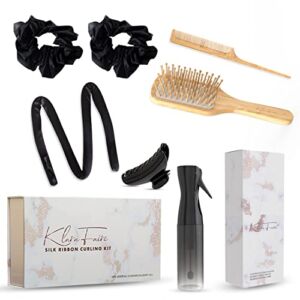 Silk Heatless Curling Rod Headband 2 Scrunchies and 1 Hair Clip with Fine Mist Spray Bottle and Natural Bamboo Hair Brush, 3pc set ( Royal Black )