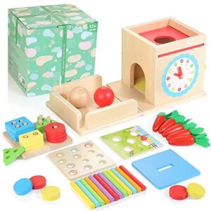 Kizfarm Wooden Montessori Baby Toys, 8-in-1 Wooden Play Kit Includes Object Permanent Box, Coin Box, Carrot Harvest, Shape Sorting & Stacking – Christmas Birthday Gift for Boys Girls Toddlers