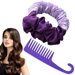 2022 New Soft Heatless Curling Headband and Comb,Lazy Scrunchie Rollers Magic Hairdresser Tools For Women Long Hair Overnight(2pcsPurple+Purple Comb)
