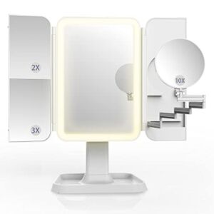 Simhould Makeup Mirror with 3 Color 72 LED Lights – Touch Screen and 1x/2x/3x/10x Magnification, Two Power Supply, Tri-Fold Vanity Mirror, Gift for Women (White)
