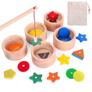 Montessori Wooden Toys for 1 2 3 Years Old Boys Girls, Color Sorting & Shape Sorter Toys for Toddlers 1-3, Magnetic Fishing Game, Sorting & Stacking Toys, First Birthday Gift, Christmas