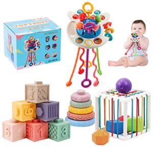 4 in 1 Baby Toys 6to12-18 Months, Pull String Baby Teething Toys, Stacking Building Blocks Infant Toys, Cube Color Shape Sensory Toys for Toddlers 1-3, Montessori Toys for 1-3 Year Old Boy/Girl Gift