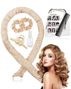 Heatless Hair Curler Headband for Long Hair, MEINGAN No Heat Curling Headband with 2 Hair Scrunchies, Gold Metal Butterfly Hair Claw Clips, Spray Bottle, and Wide Tooth Comb, Champagne